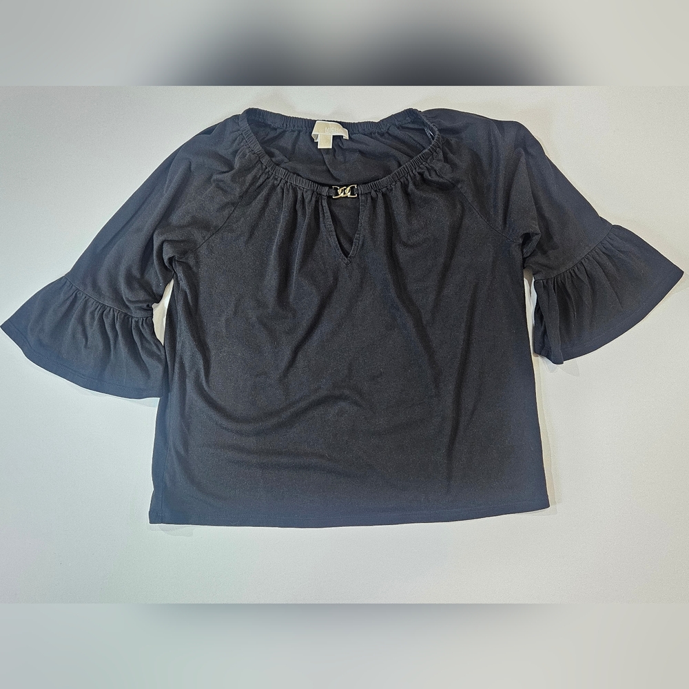 Michael Kors Womens Blouse Small Black Gold Accent‎ Flutter Sleeve Whimsy Goth